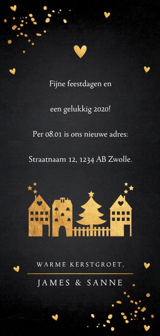Kerstverhuiskaart langwerpig goud confetti foto Achterkant