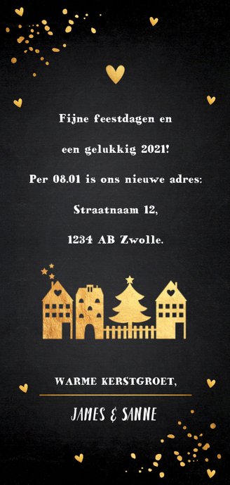 Kerstverhuiskaart langwerpig goud confetti foto Achterkant
