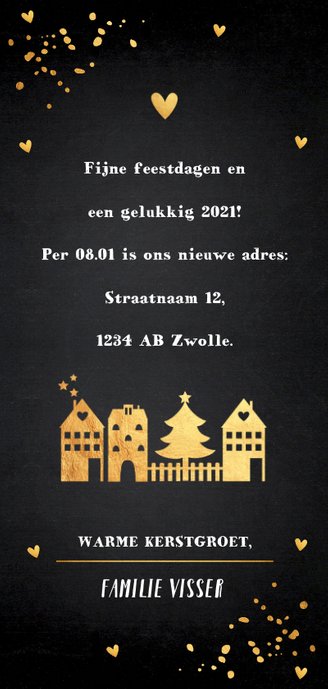 Kerstverhuiskaart zwart goudlook confetti foto Achterkant