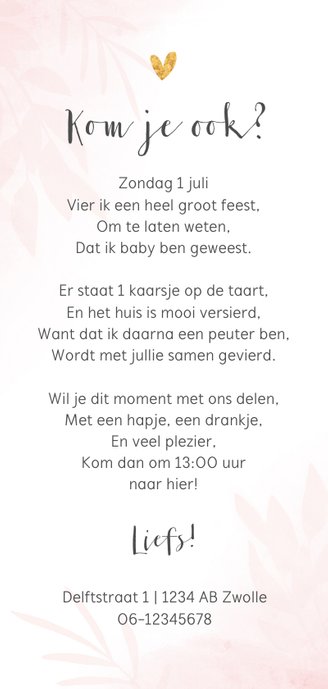 Kinderfeestje eerste verjaardag fotokaart meisje waterverf Achterkant