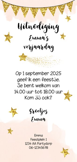 Kinderfeestje fee gouden glitter Achterkant
