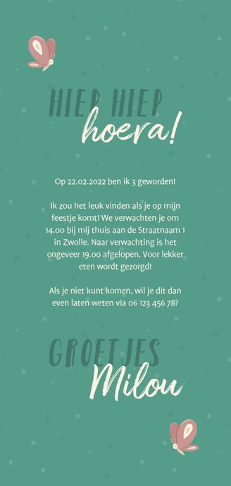 Kinderfeestje met unicorn en vlinders uitnodiging Achterkant