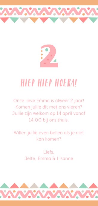 Kinderfeestje tribalstijl uitnodiging 2 jaar meisje Achterkant