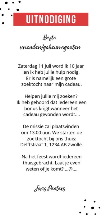 Kinderfeestje uitnodiging geheim agent missie Achterkant