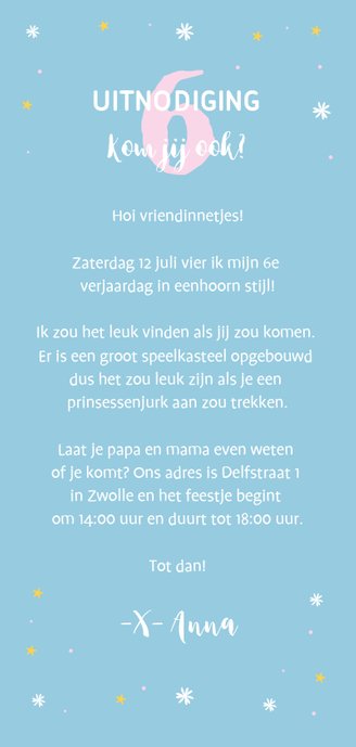 Kinderfeestje uitnodiging hip eenhoorn Achterkant