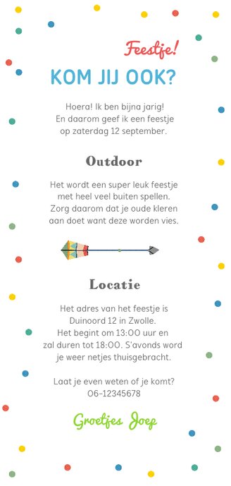 Kinderfeestje uitnodiging hip en vrolijk met confetti Achterkant