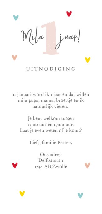 Kinderfeestje uitnodiging lief hartjes kleuren foto Achterkant