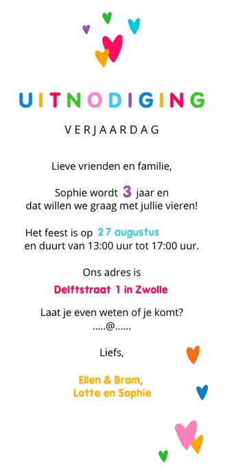 Kinderfeestje uitnodiging meisje kleurrijk met hartjes Achterkant