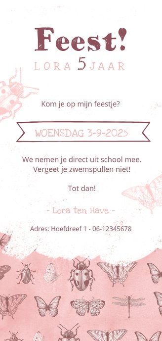 Kinderfeestje uitnodiging meisje vlinders insecten stoer Achterkant