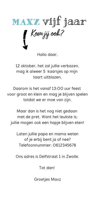 Kinderfeestje uitnodiging stoer en hip Achterkant