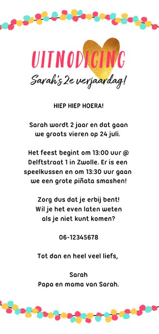 Kinderfeestje uitnodiging twee jaar meisje feestelijk Achterkant