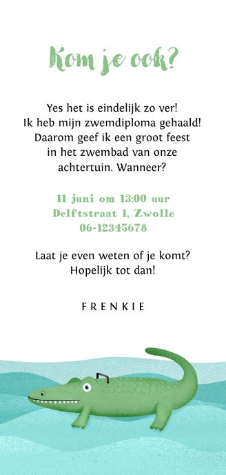 Kinderfeestje zwemfeest zwemdiploma verjaardag krokodil Achterkant