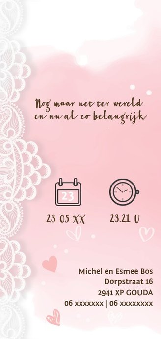 Bijzonder geboortekaartje met kant en waterverf 2