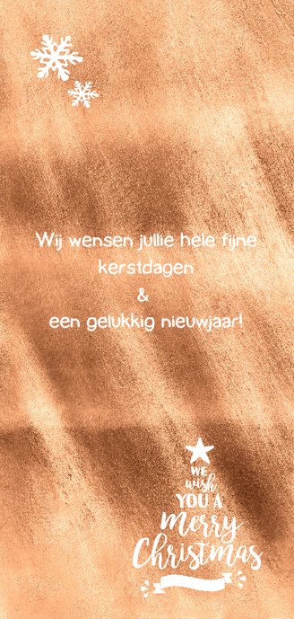 Koperen kerstkaart met tekst in de vorm van een kerstboom Achterkant