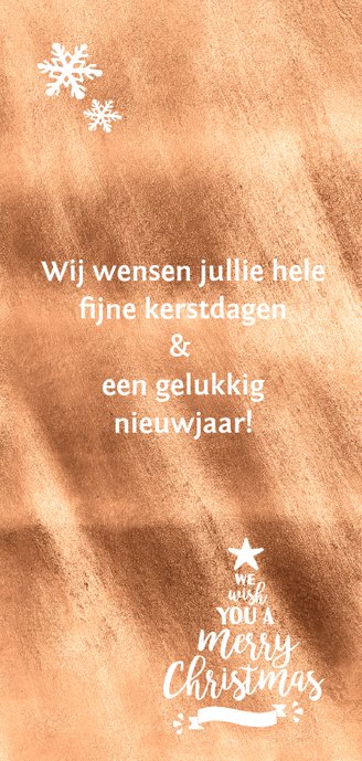 Koperen kerstkaart met tekst in de vorm van een kerstboom Achterkant
