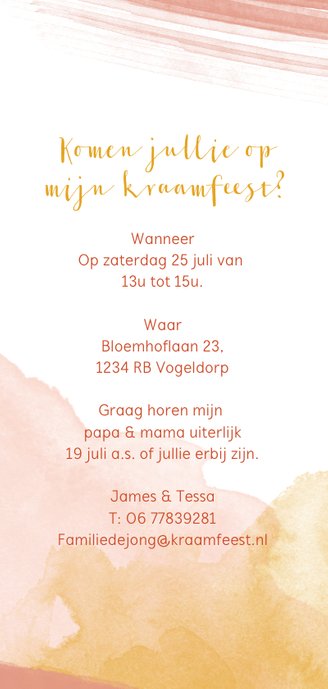 Kraamfeest meisje waterverf roze en oker geel Achterkant