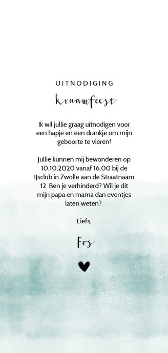 Kraamfeest uitnodiging stoer blauwgroene waterverf Achterkant