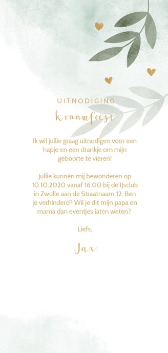 Kraamfeest waterverf mintgroen takjes gouden hartjes 3