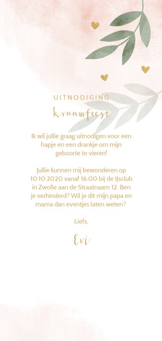 Kraamfeest waterverf roze takjes gouden hartjes 3