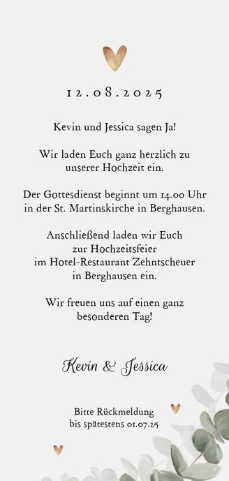 Längliche Einladungskarte Hochzeit Eukalyptusblatt Rückseite