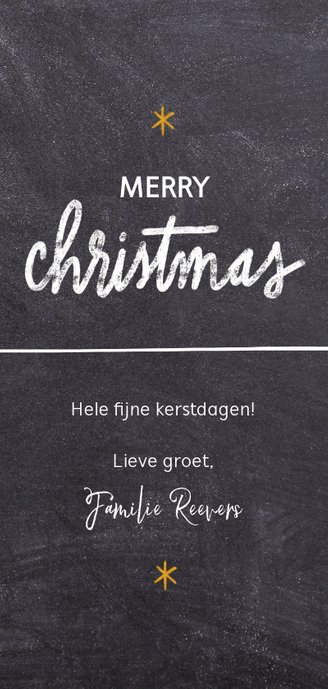 Lange kerstkaart met grote foto, sterren en merry christmas Achterkant