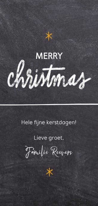 Lange kerstkaart met grote foto, sterren en merry christmas Achterkant