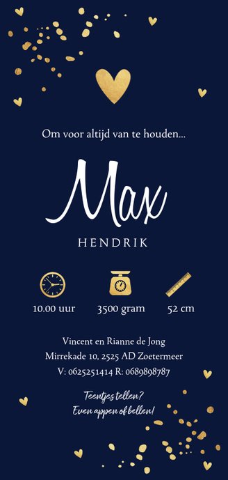 Langwerpig geboortekaartje confetti goud jongen Achterkant