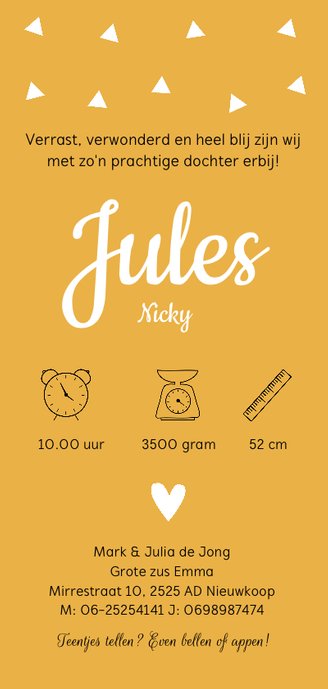 Langwerpig geboortekaartje geometrische vlakken okergeel Achterkant
