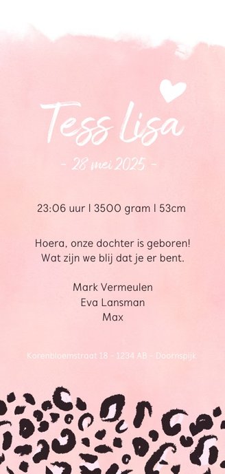 Langwerpig geboortekaartje meisje met roze luipaard print Achterkant