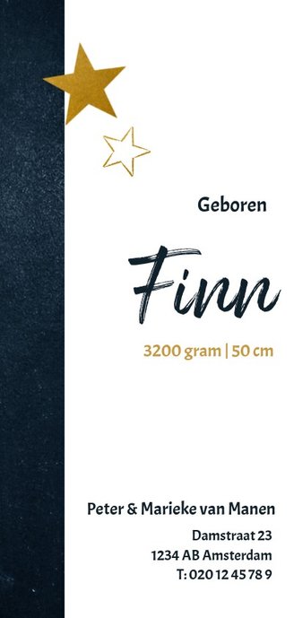 Langwerpig geboortekaartje met stoere achtergrond en sterren Achterkant