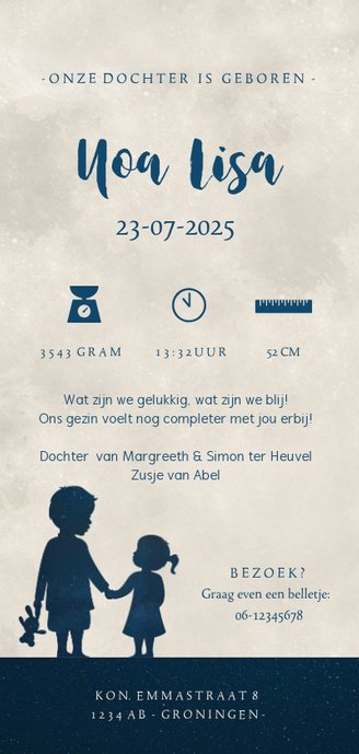 Langwerpig geboortekaartje silhouet broer met zusje in maan Achterkant