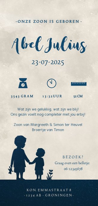 Langwerpig geboortekaartje silhouet broertjes in volle maan Achterkant