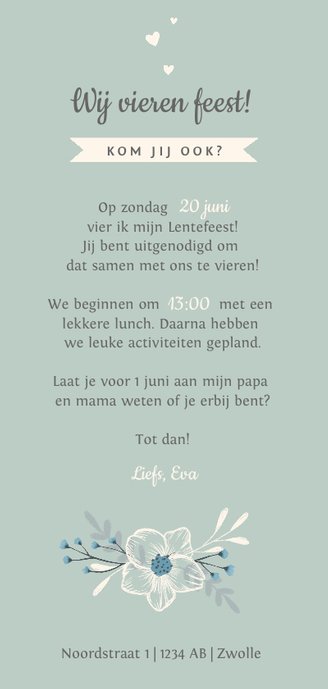 Lentefeest uitnodiging met stijlvolle bloemen en silhouet Achterkant