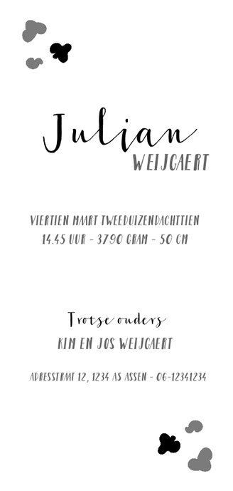 Leuk geboortekaartje met giraffe zwart wit Achterkant