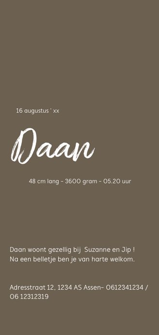Leuk geboortekaart met giraffe staand jongen Achterkant