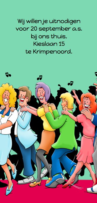 Leuke uitnodiging voor feestje, gasten lopen in polonaise 2