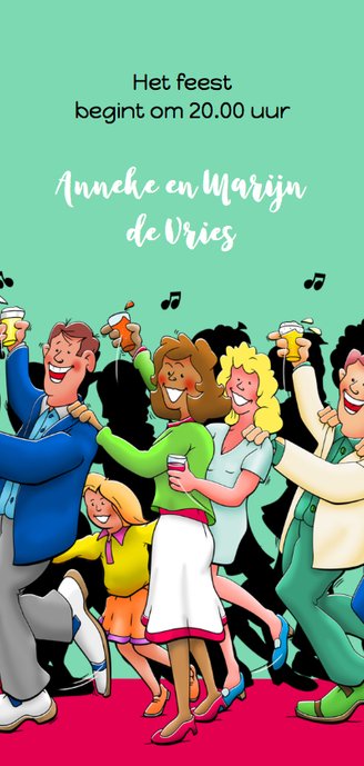 Leuke uitnodiging voor feestje, gasten lopen in polonaise 3
