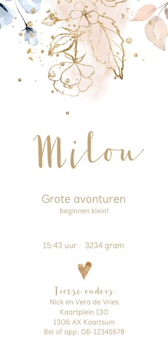 Lief aquarel bloemen geboortekaartje meisje Achterkant