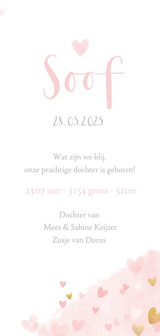 Lief en hip langwerpig geboortekaartje met waterverf hartjes 3