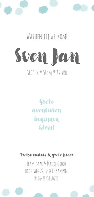 Lief geboortekaartje met blauwe stipjes Achterkant
