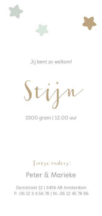 Lief geboortekaartje met sterretjes in zachte kleuren Achterkant