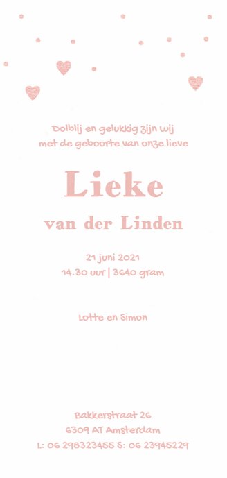 Lief geboortekaartje met witte stippen en hartjes Achterkant