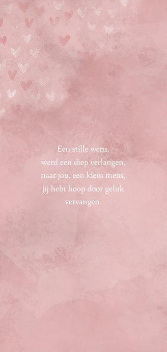 Lief geboortekaartje roze waterverf en dwarrelende hartjes 2