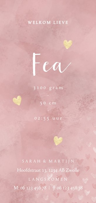 Lief geboortekaartje roze waterverf en dwarrelende hartjes 3