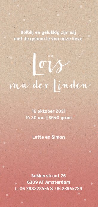 Lief, hip geboortekaartje met roze fading en stippen Achterkant