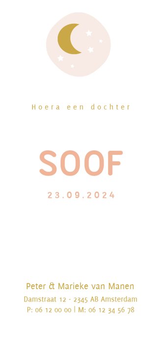 Lief roze geboortekaartje met gele maan en witte sterren Achterkant
