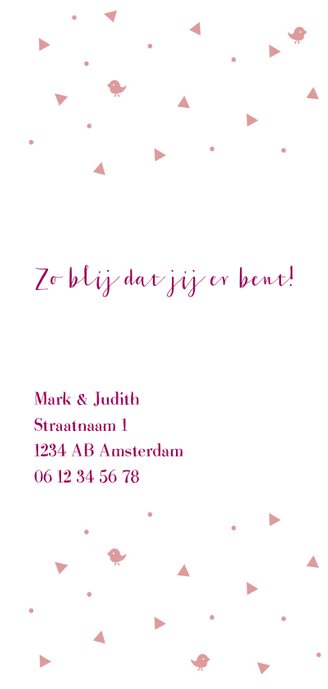 Lief roze geboortekaartje voor meisje met roze details. 2