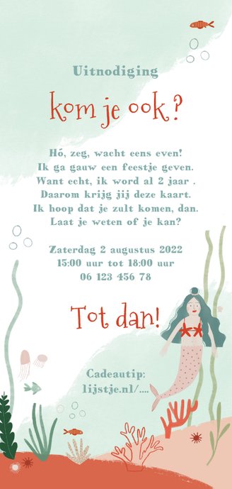 Lieve kinderfeestje uitnodiging met onderwater zeemeermin Achterkant