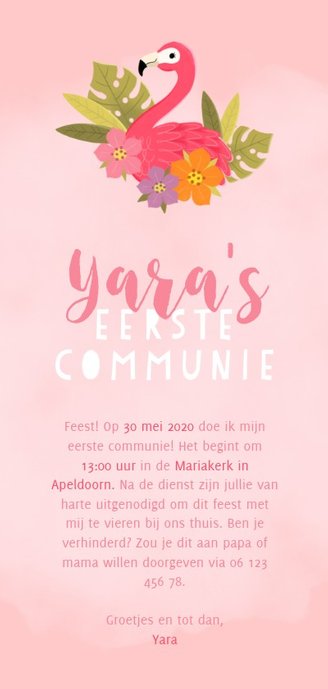 Lieve uitnodiging eerste communie met flamingo en plantjes Achterkant