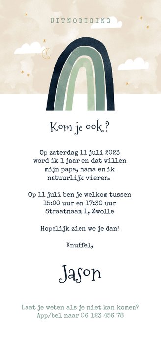 Lieve uitnodiging kinderfeestje 1e verjaardag regenboog Achterkant